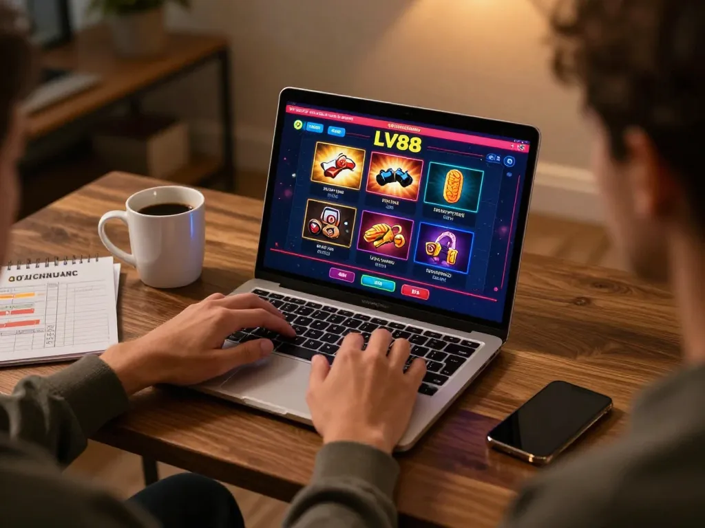 Player engaging in LV88 online casino gaming with strategy notes and cozy setup