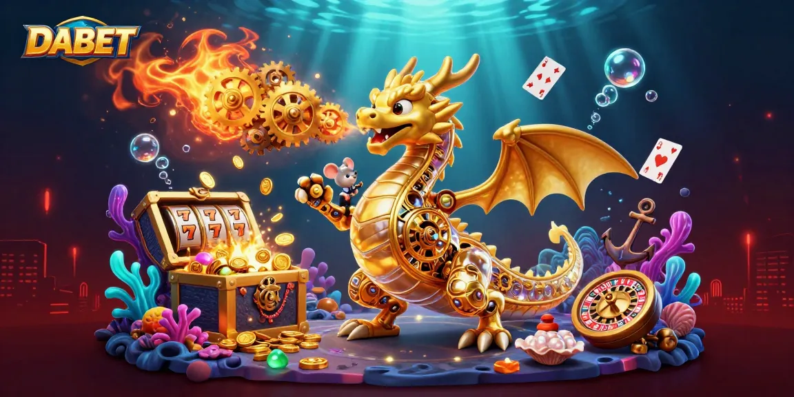 DABET's vibrant scene showcases a golden dragon and mouse engineer amidst slot machines and treasure.