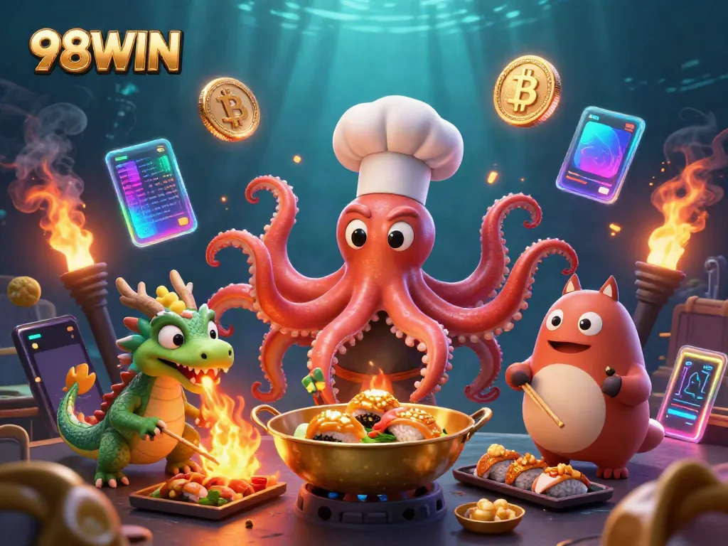 Experience the thrill of 98WIN with a vibrant casino scene featuring unique characters and glowing crypto elements.