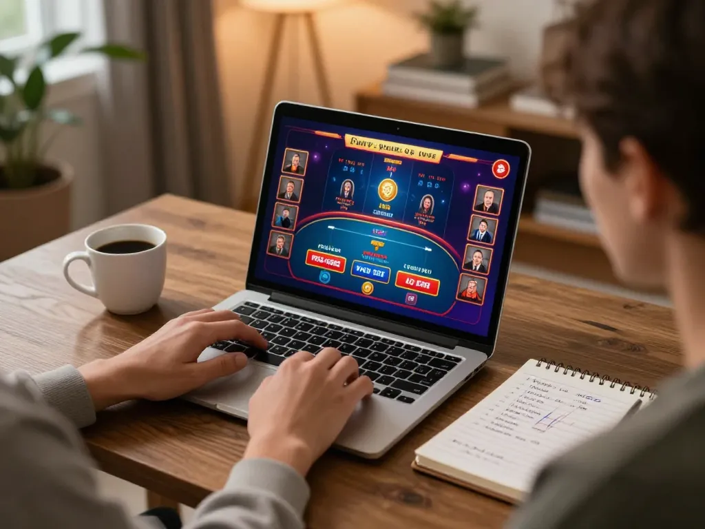 Engaging online gambling experience with 32 win strategies in action on a player's laptop