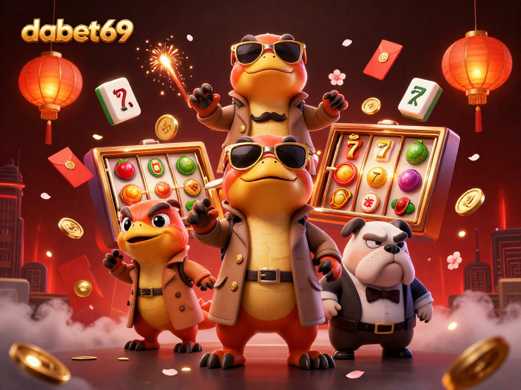 Engage in thrilling gameplay with dabet69 as three raptors in disguise enter a casino surrounded by slots.