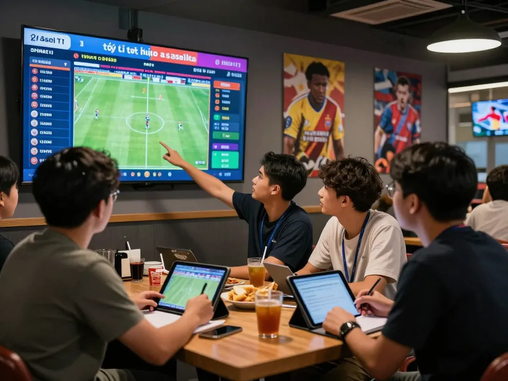 Engaged bettors analyzing tỷ lệ kèo nhà cái in a lively sports lounge for enhanced betting strategies.