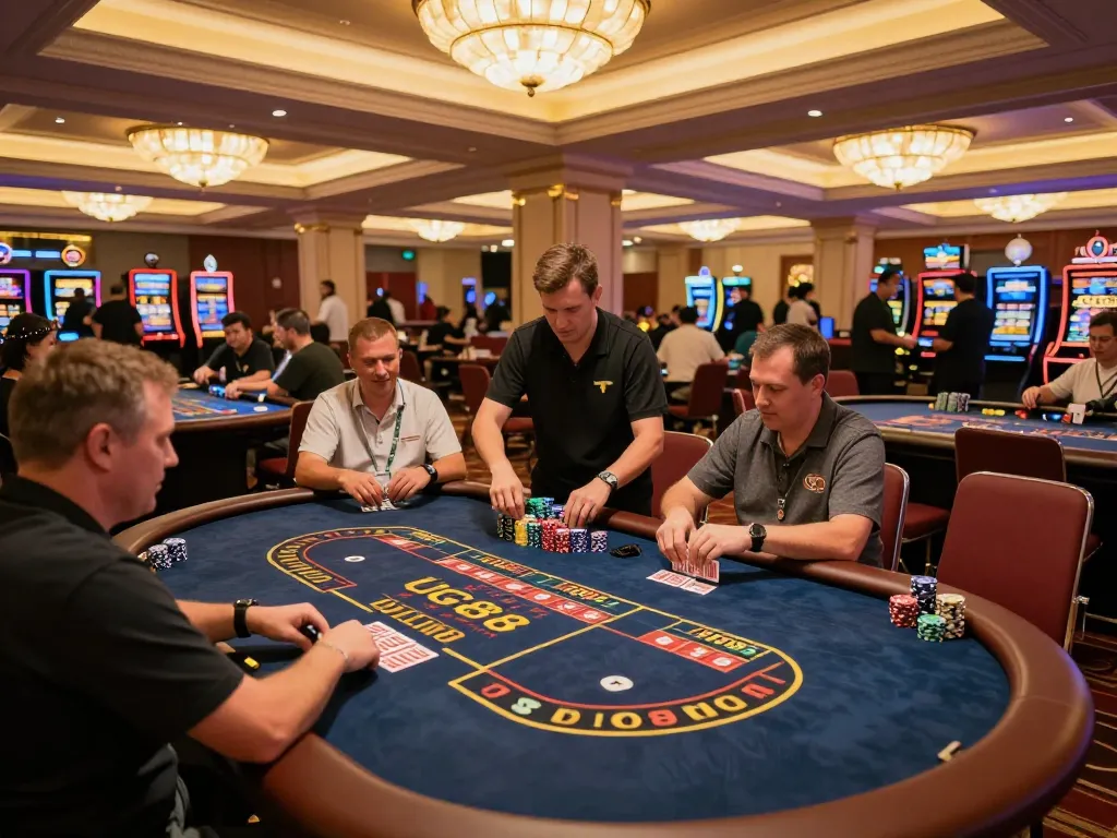 Players enjoying thrilling games at UG88 casino, showcasing cards and chips at vibrant gaming tables.