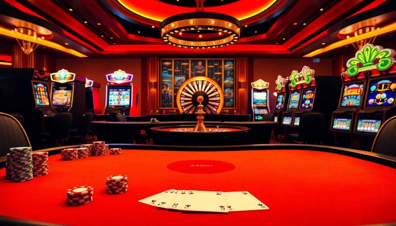 Engaging gamblers at https://32wingroup.com/ with a vibrant casino scene filled with poker tables and slot machines.
