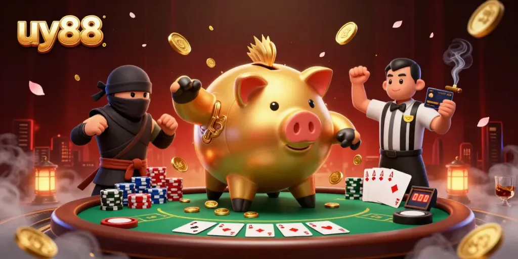 Engage in excitement with uy88: a vibrant casino scene featuring a golden piggy bank sumo wrestler triumphing over a wallet-ninja.
