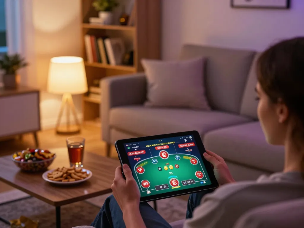 UU88 player engaging in online gaming, showing poker app on tablet in cozy living room setting.