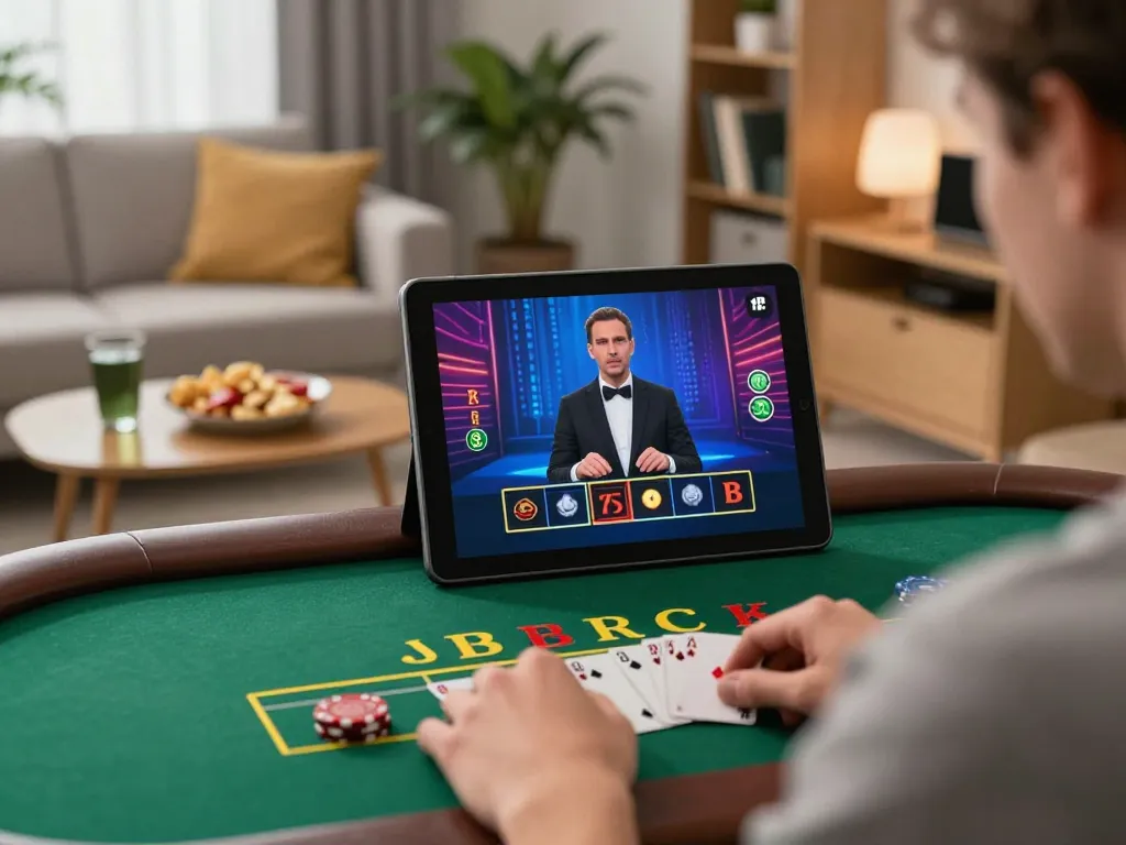Hitclub user enjoying a live dealer blackjack game on a tablet while relaxing at home