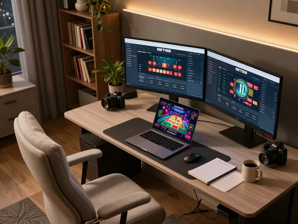 Enjoying a winning moment on NET88 online gaming platform with multiple screens showcasing live dealer and betting interface