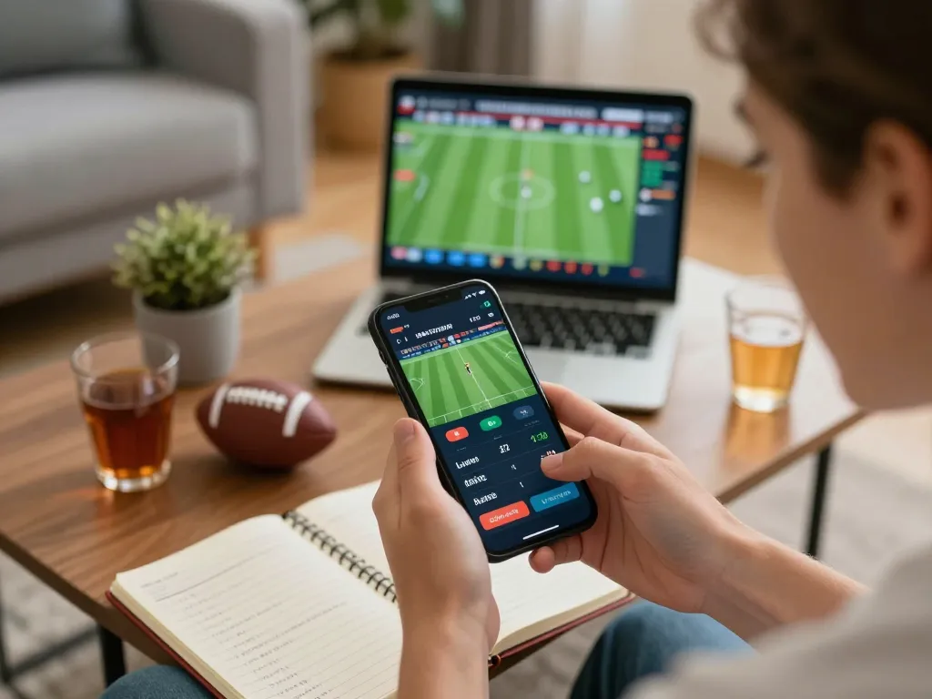CM88 user engaging with a mobile sports betting app while tracking live odds in a cozy setting.