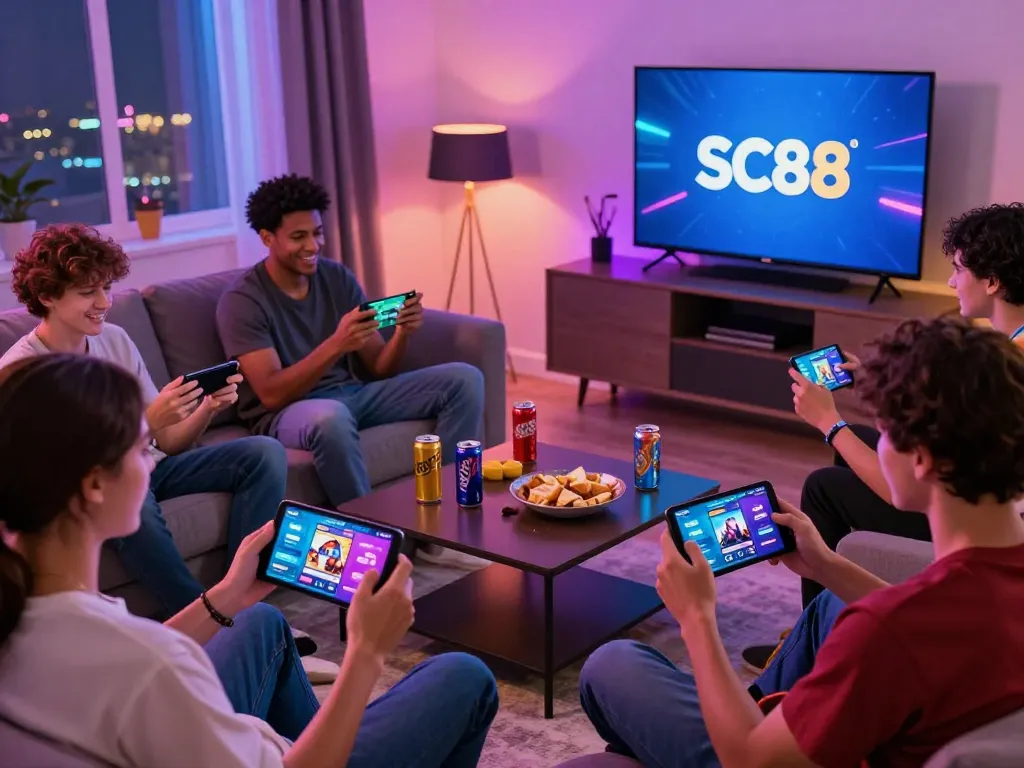 Engaged friends enjoying mobile games from https://sc88e.com/ in a lively living room atmosphere.