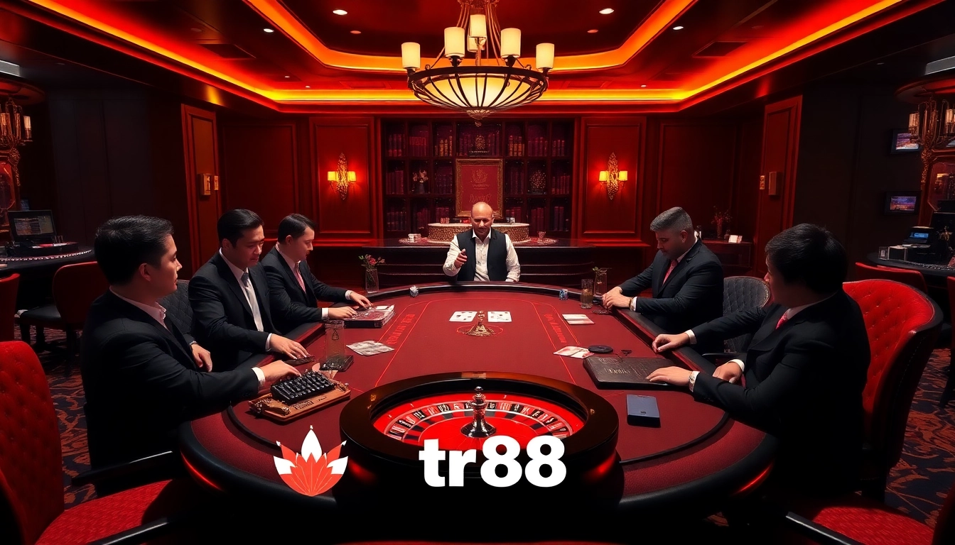 Players engaging at a luxury poker table, showcasing the excitement of tr88 casino gaming.