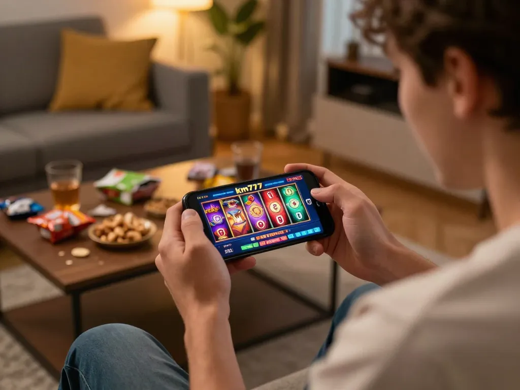 Player celebrating a win on km777 casino app during an exciting home gaming session.