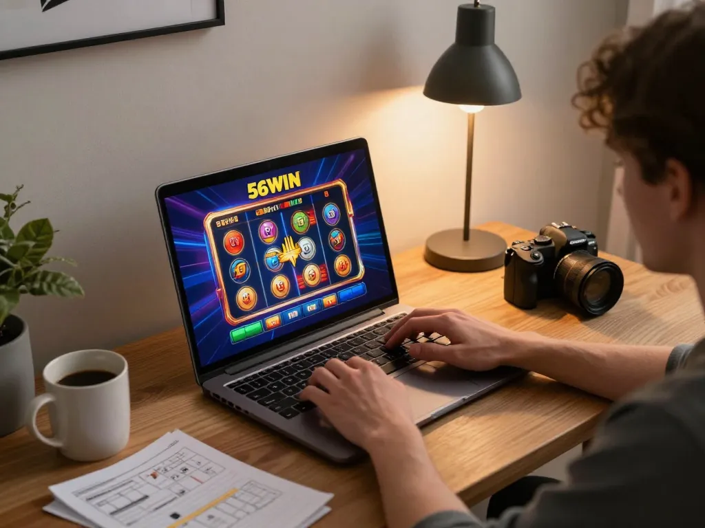 Player using 56WIN to spin slots online, showcasing a vibrant gaming atmosphere.