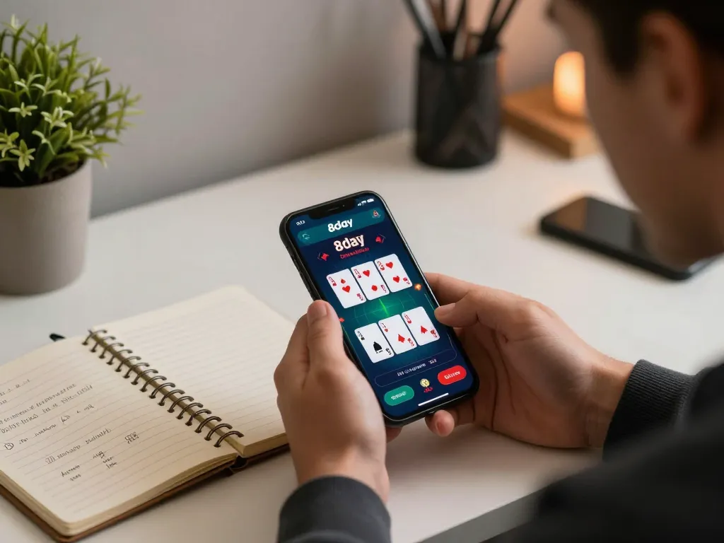 Player engaging in the 8day casino app for online blackjack from a stylish home setup.