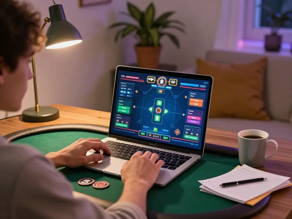 Engaged player at home exploring O8 online poker, focused on strategy and betting.