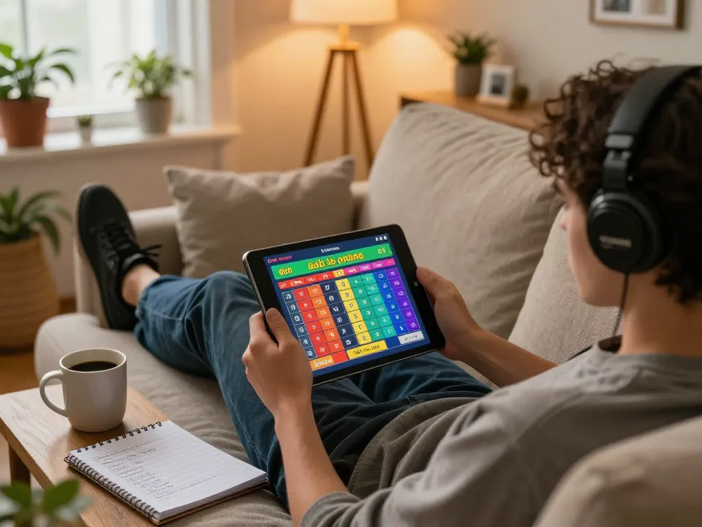 Engaging in đánh lô online strategy from home, focused on tablet with colorful betting interface.