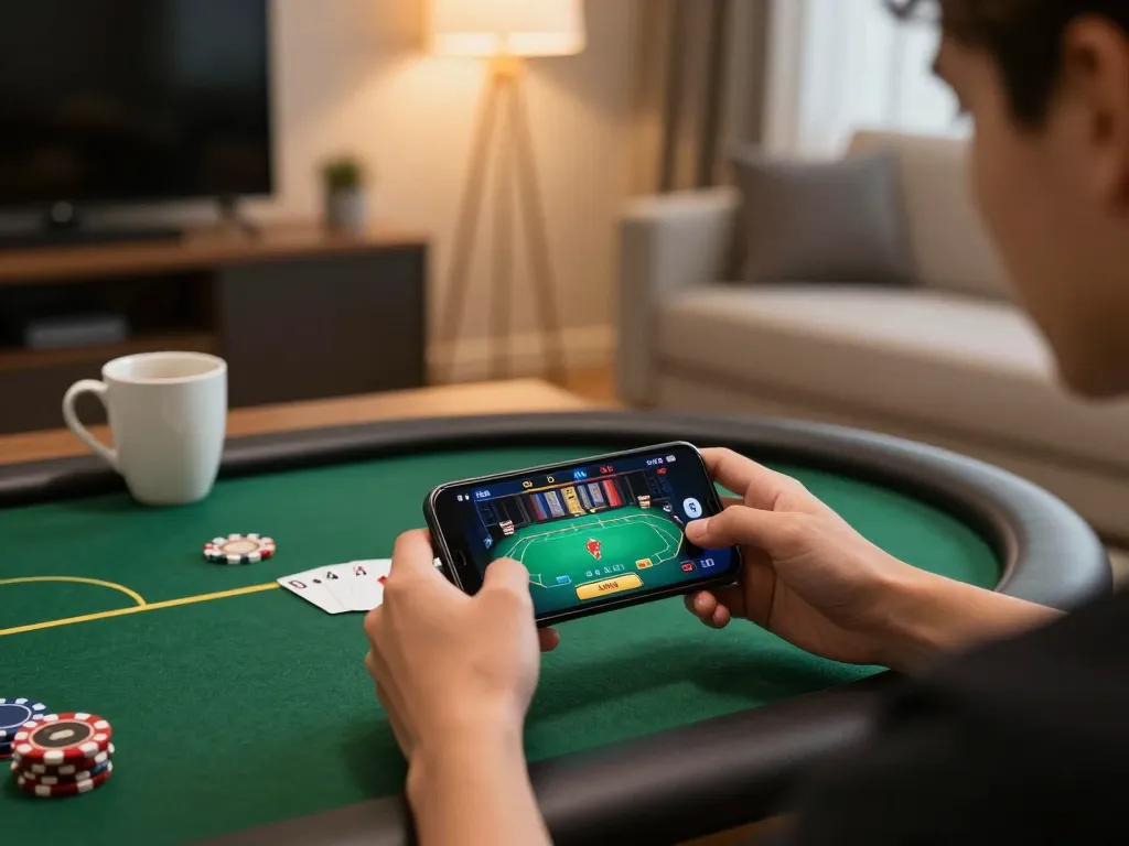 Player enjoying mobile gaming at home with 888NEW casino app, showcasing vibrant gameplay interaction