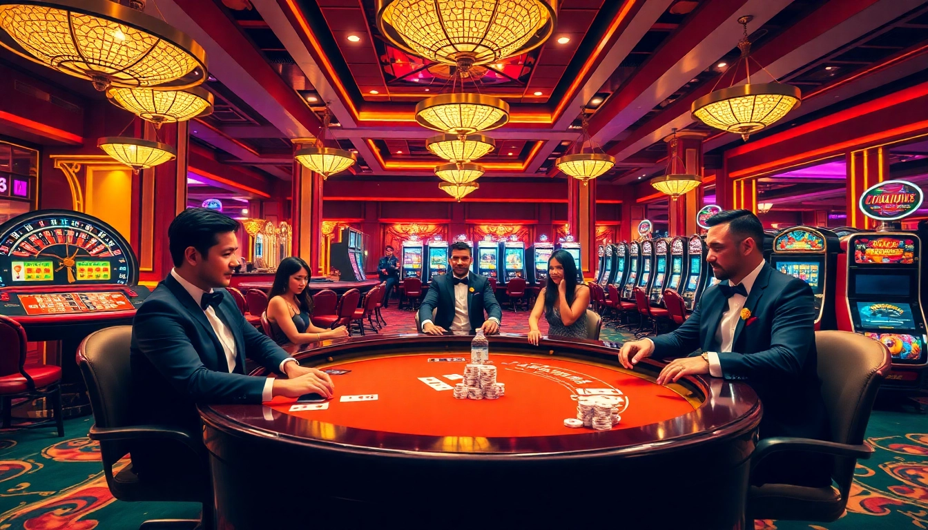 Engaging scene of luxury gambling with nhà cái uy tín elements illustrating casino excitement.