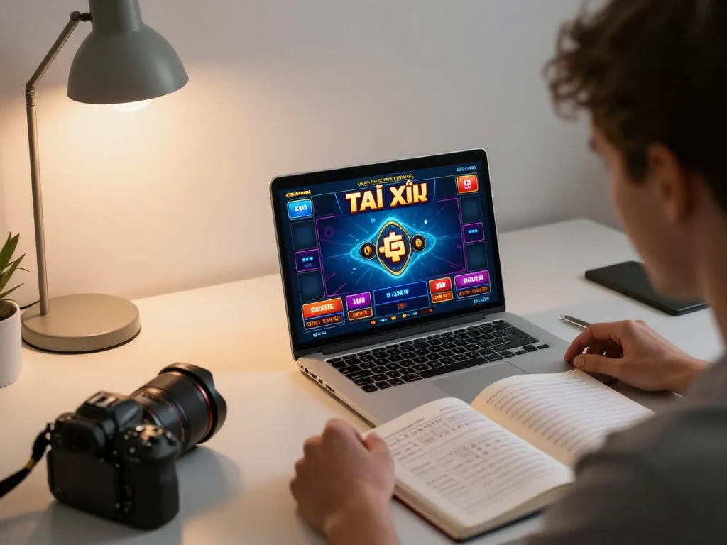 Tài xỉu uy tín gameplay on a laptop in modern home office, player engaged with strategies