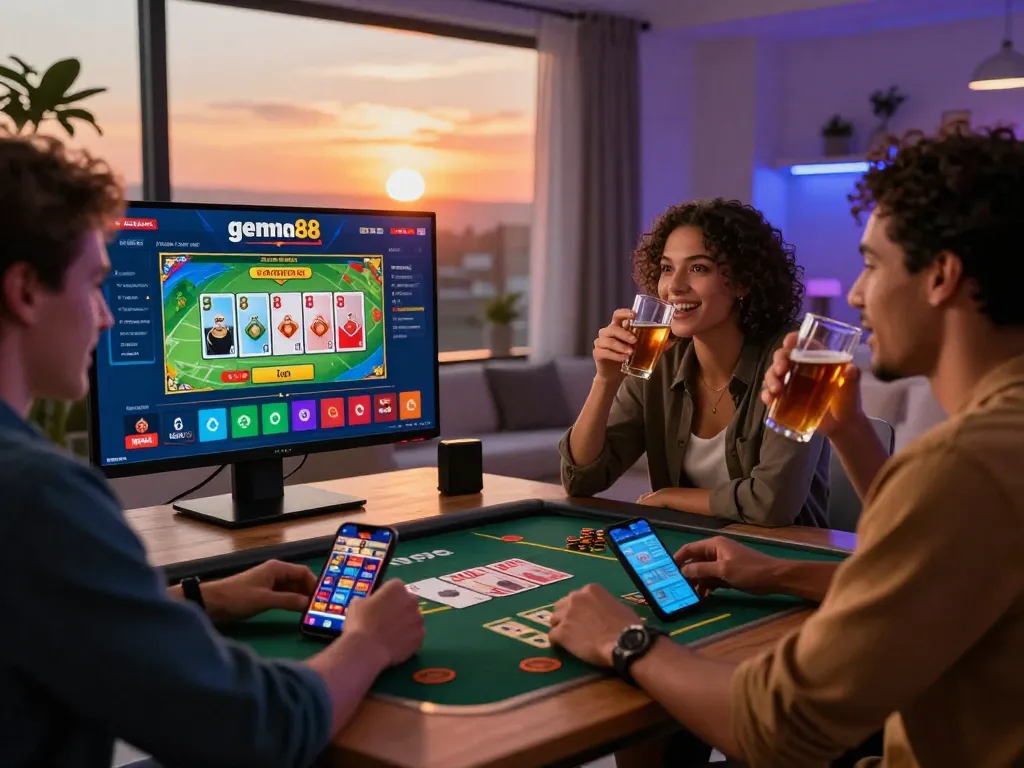 Friends enjoying a thrilling online gaming session with gem88 platform visible on screen.