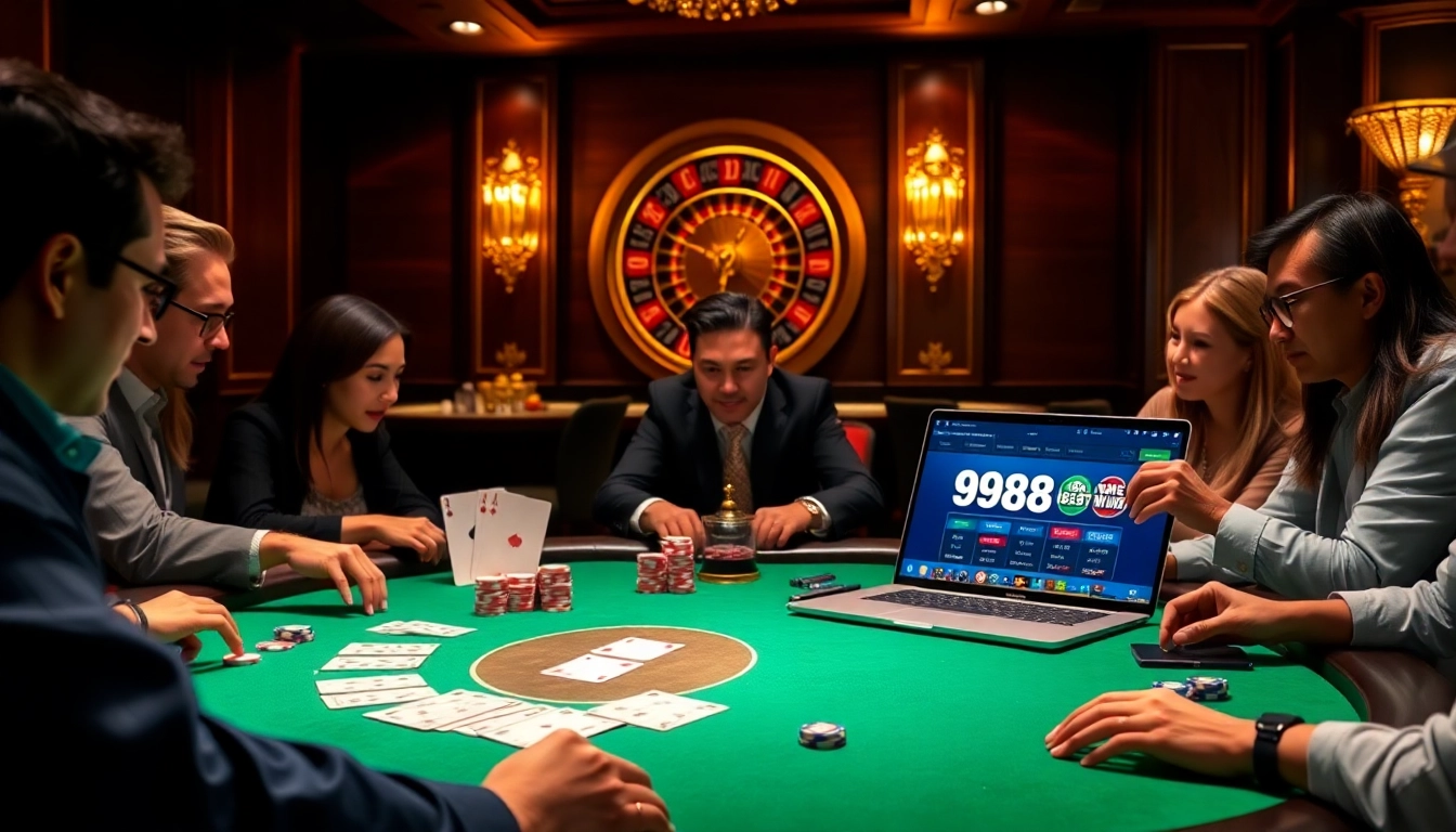 Engaging poker players at 98win trang chủ casino, showcasing high-stakes excitement and immersive gaming experience.