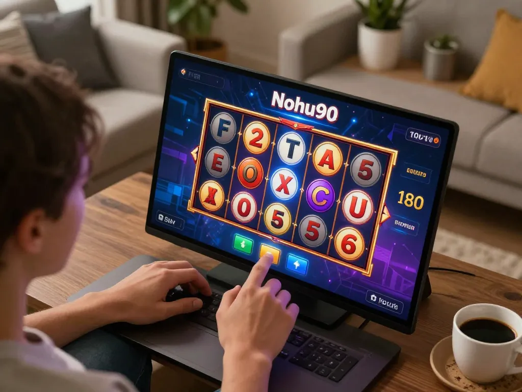 Nohu90 user engaging with vibrant slot games on tablet, capturing online gambling excitement.