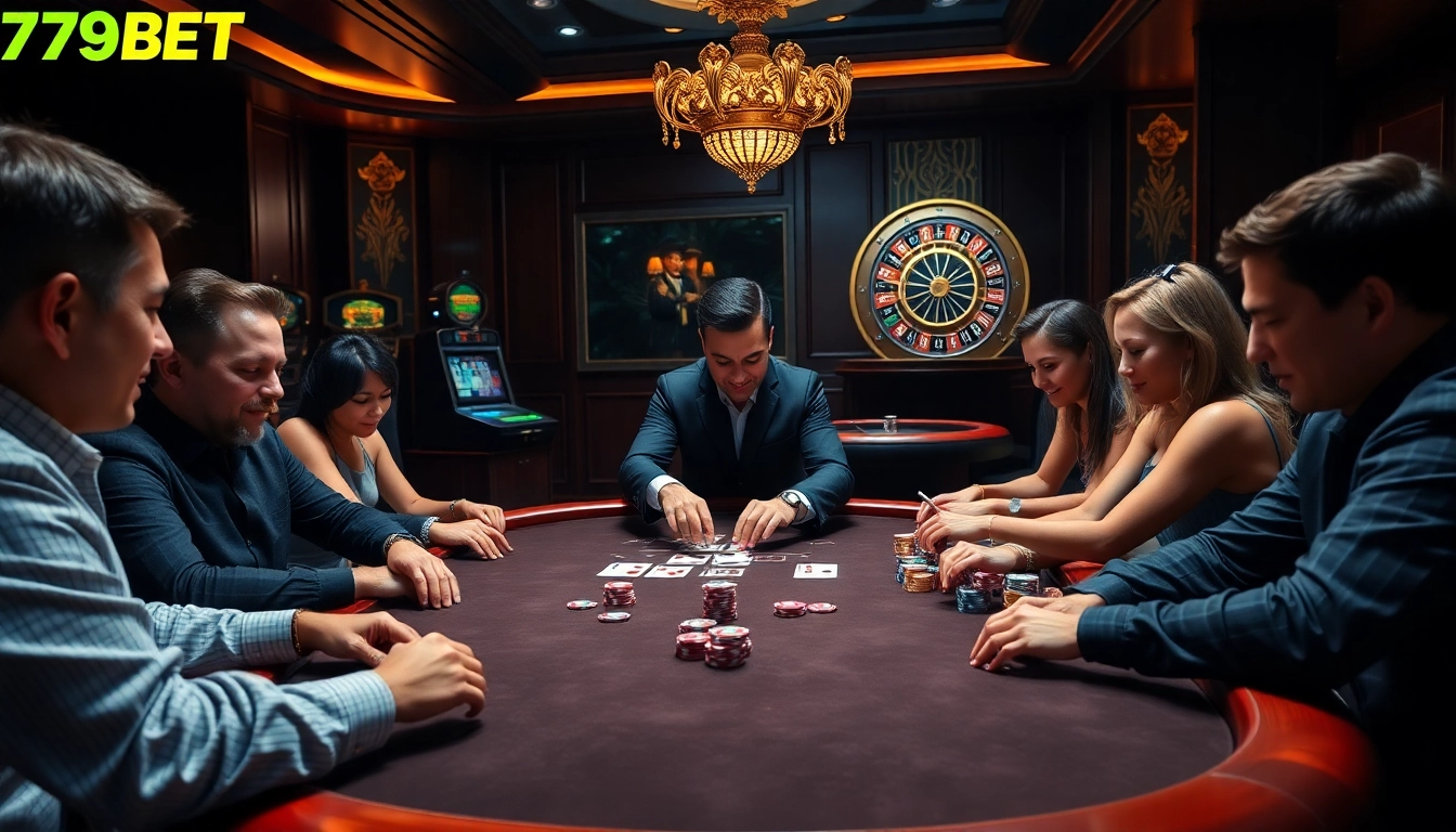 Experience thrilling poker action at 789BET's luxurious casino with excited players and colorful chips.