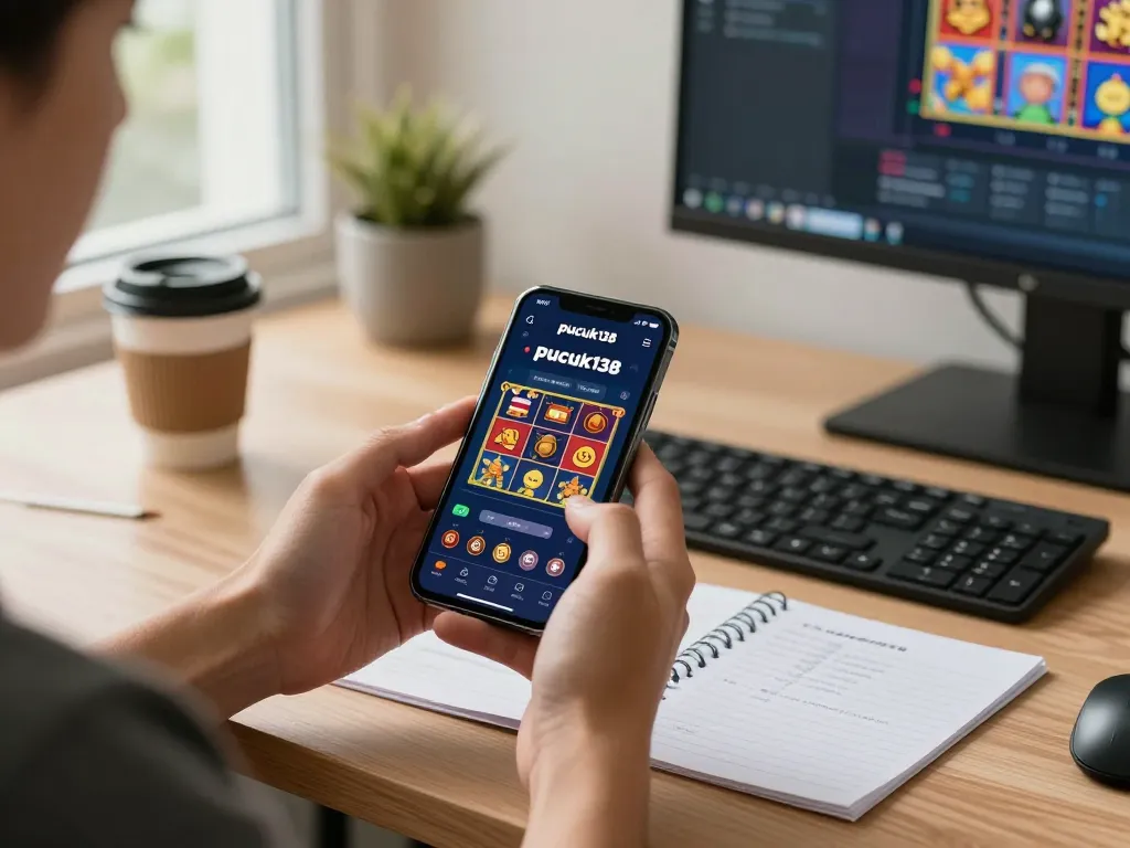 Player engaging with pucuk138 app at home, showcasing mobile slot gameplay and responsible gaming.