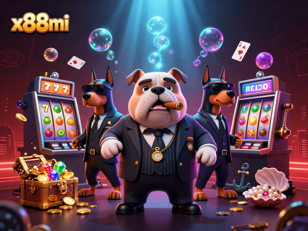 x88mi casino illustration featuring a mafia bulldog boss and Doberman bodyguards with vibrant slot elements.