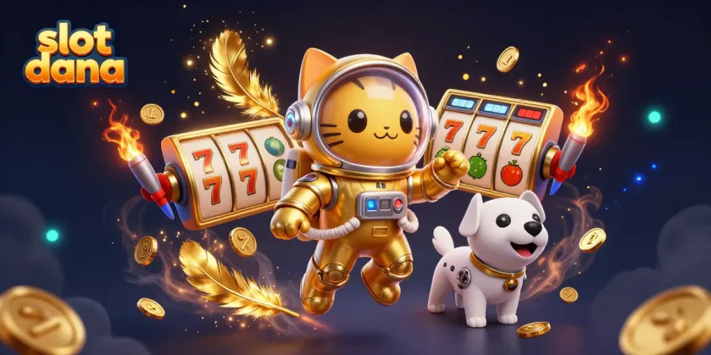 Experience thrilling slots at slot dana with a dynamic scene of a space cat and robot companion.