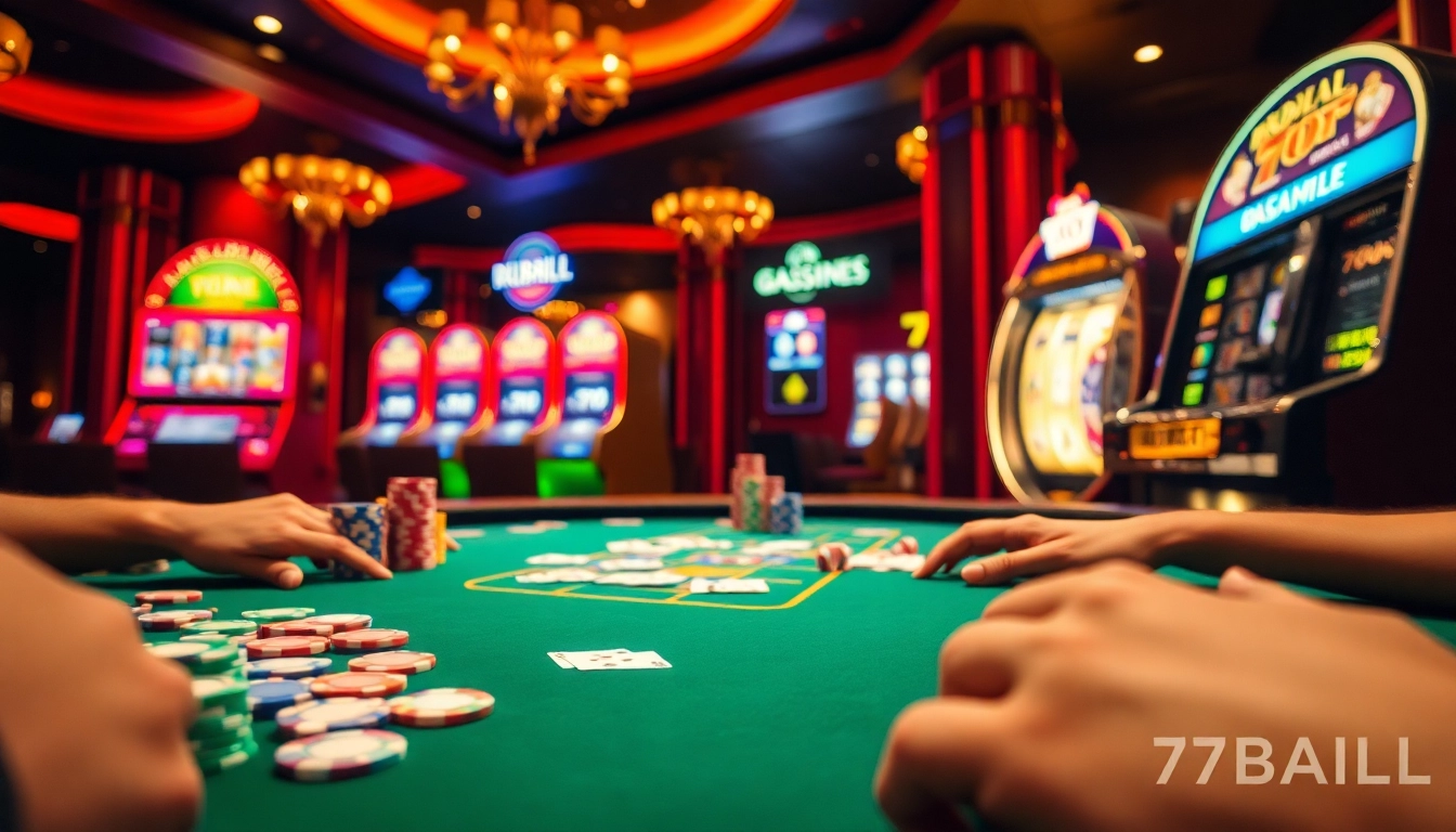 Excited players engaging at the 77BALL casino table with vibrant poker chips and cards.