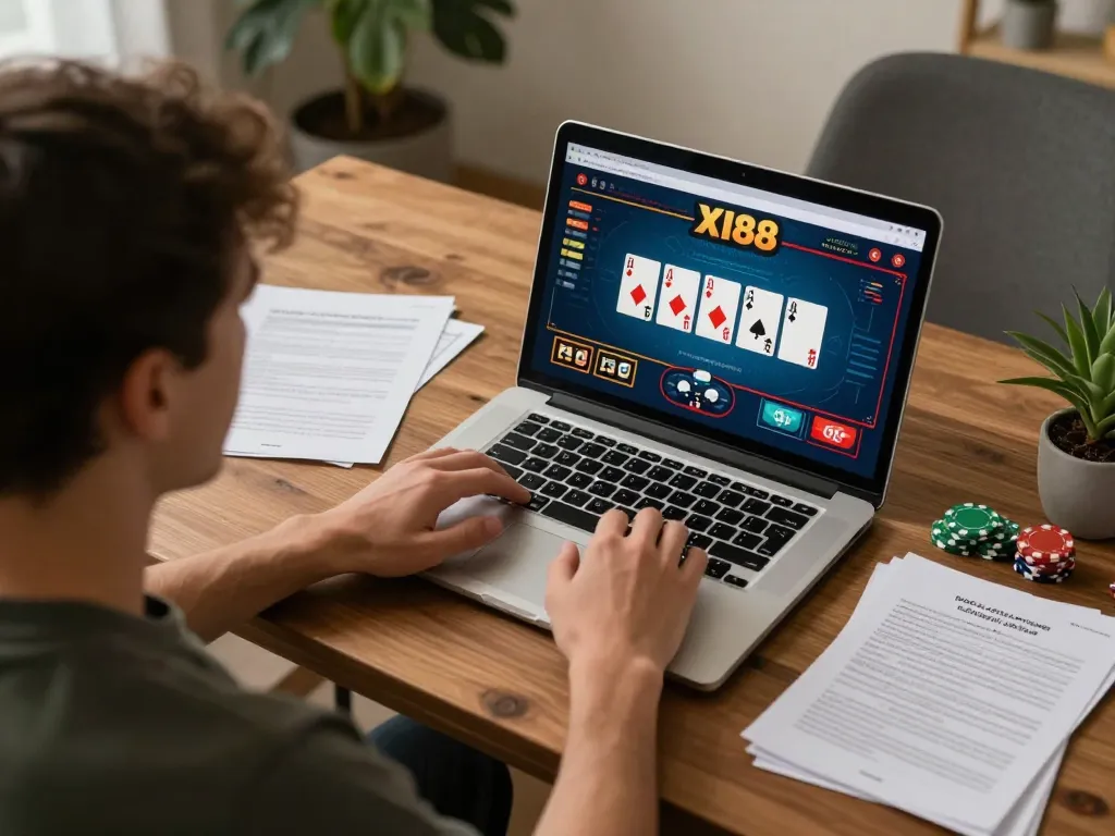 Player engaging with online casino interface on XI88, showcasing strategic betting in a cozy setting.