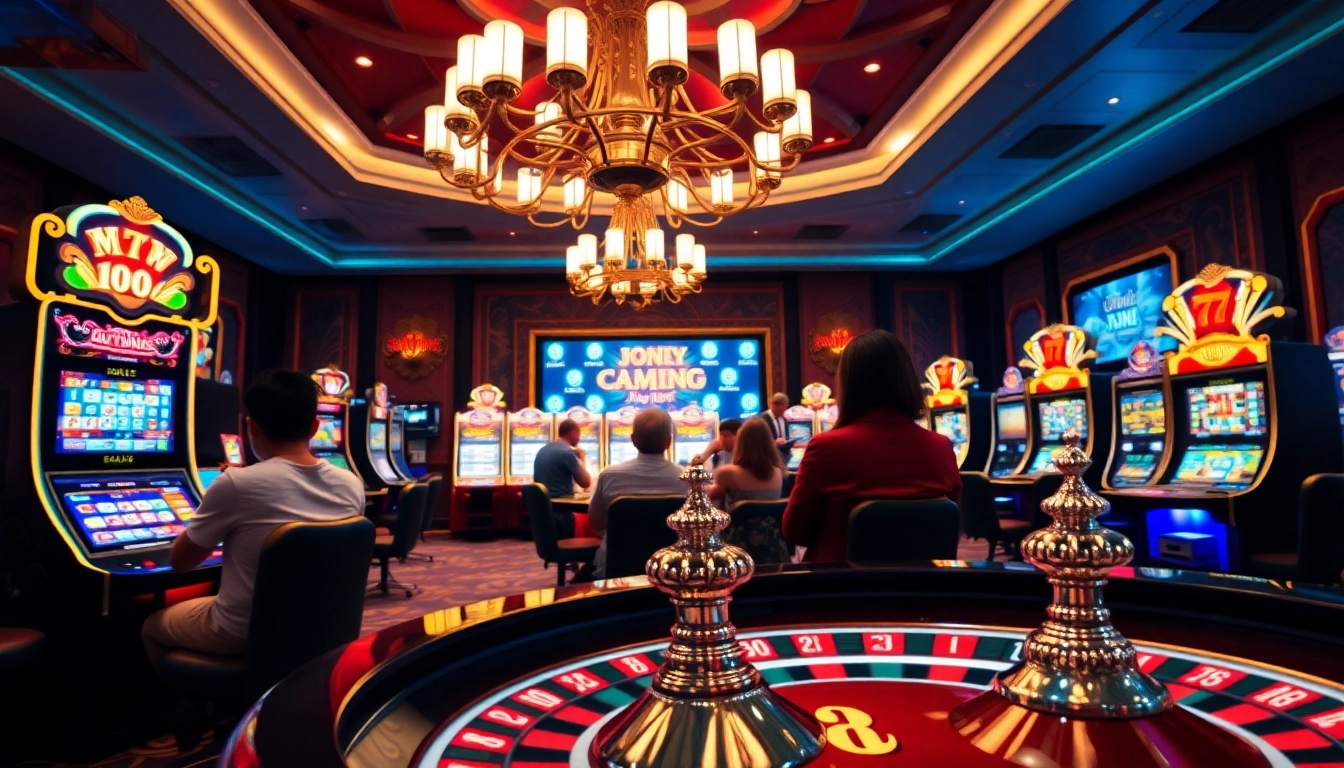 Players enjoying slot machines and poker at a vibrant online casino, showcasing https://mm88.moe/ experience.