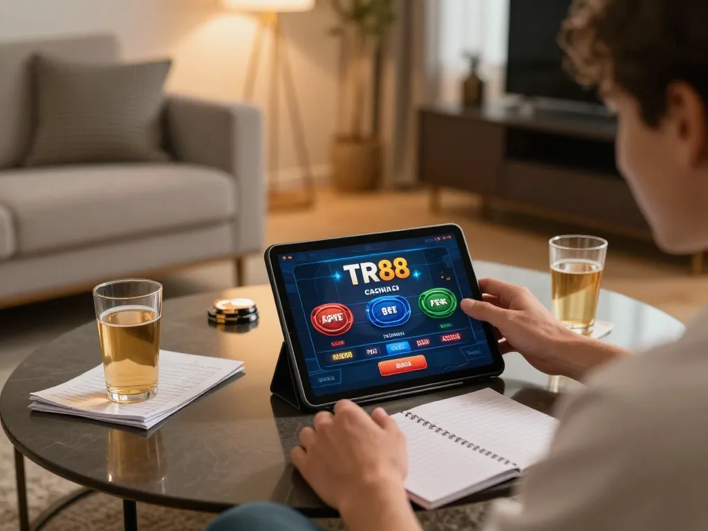 Person playing TR88 casino game on tablet at home, illustrating strategic online gambling experience.