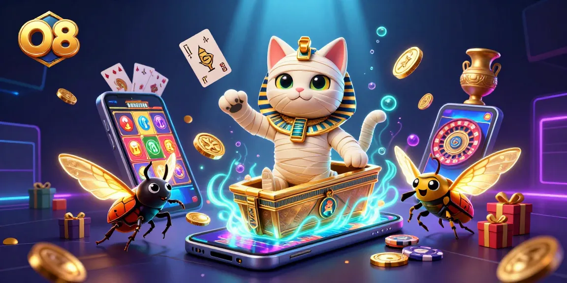Experience thrilling gaming with O8's Egyptian mummy cat and vibrant casino elements bursting with excitement.