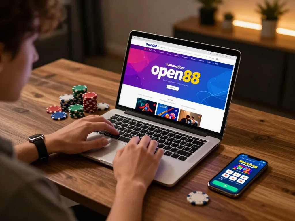 Engaging with the trang chủ open88 online casino on a laptop, showcasing vibrant gaming interface.