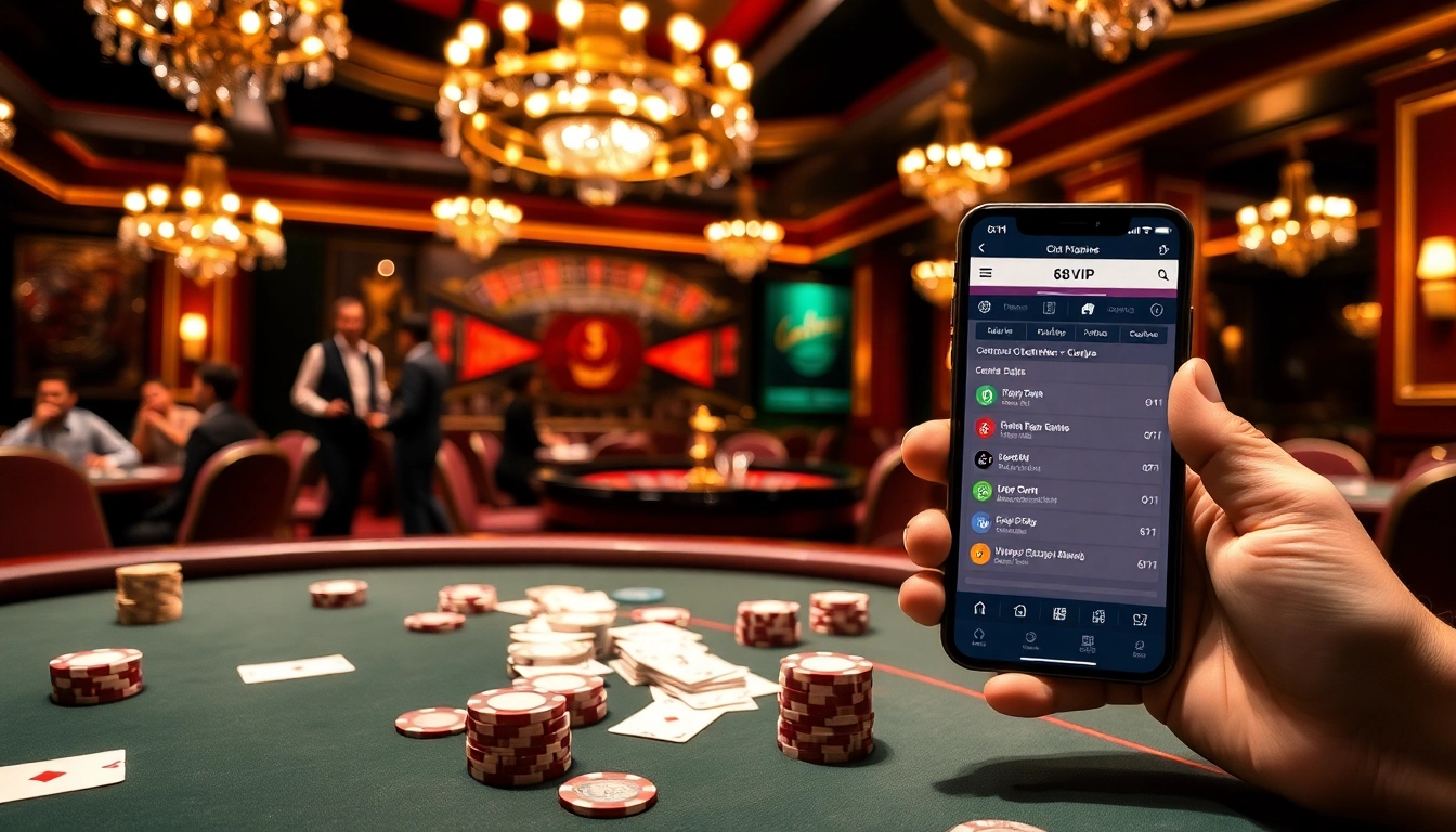 Experience the excitement of 68VIP with elegant poker tables and engaging casino elements.