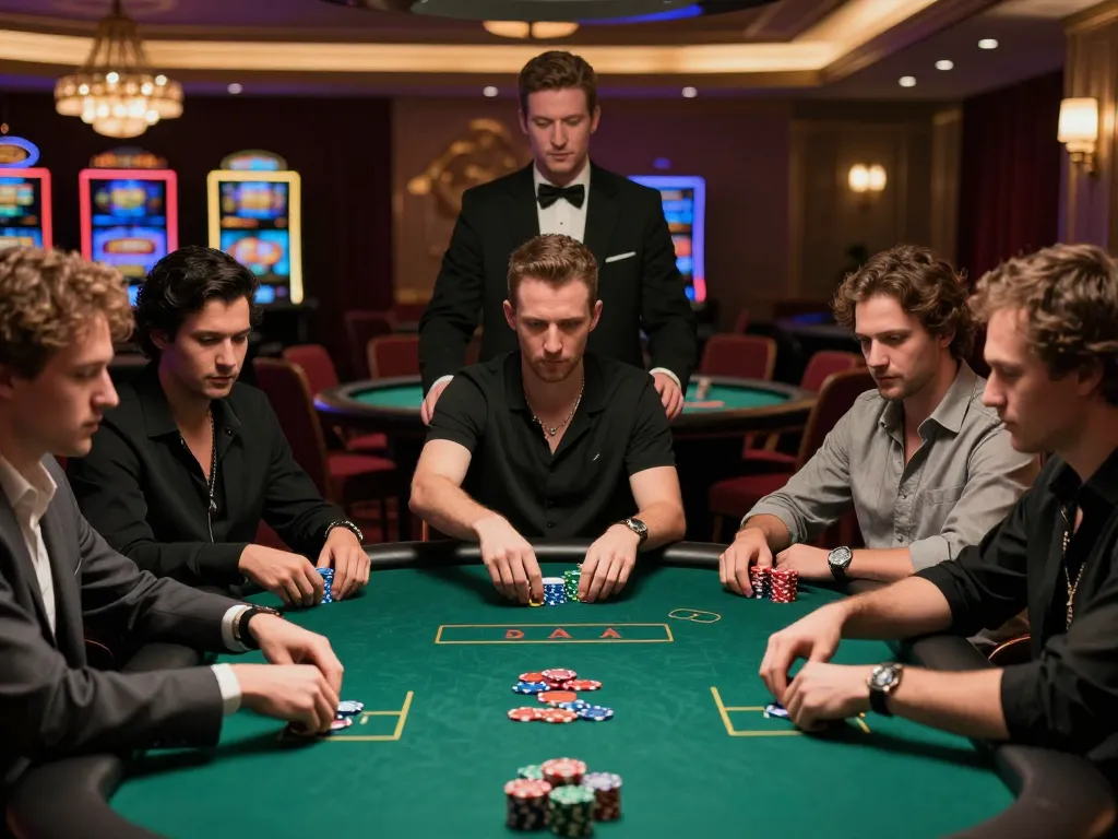 Players strategizing in a high-stakes poker game featuring mb666 chips and intense competition.