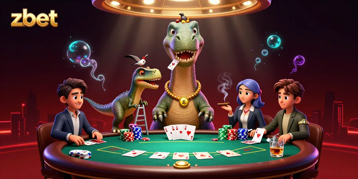 Experience exciting zbet casino action with a giant dinosaur and clever raptor dealer.