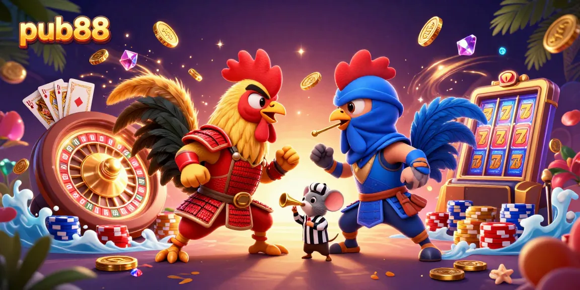 A dynamic scene of pub88's fighting roosters in an exciting casino setting, featuring rich illustrations of vibrant symbols and gaming elements.