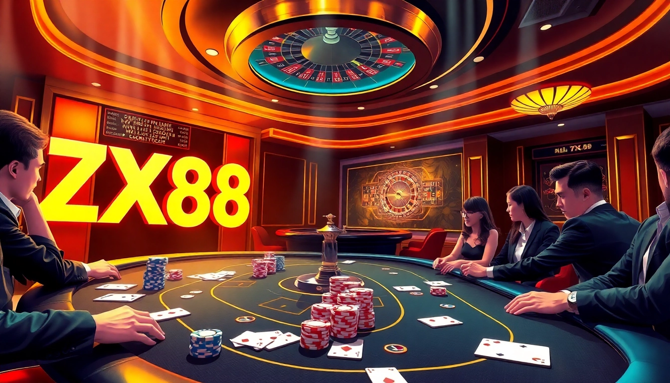 Engage in high-stakes action at ZX88 casino with a vibrant poker table and roulette wheel.
