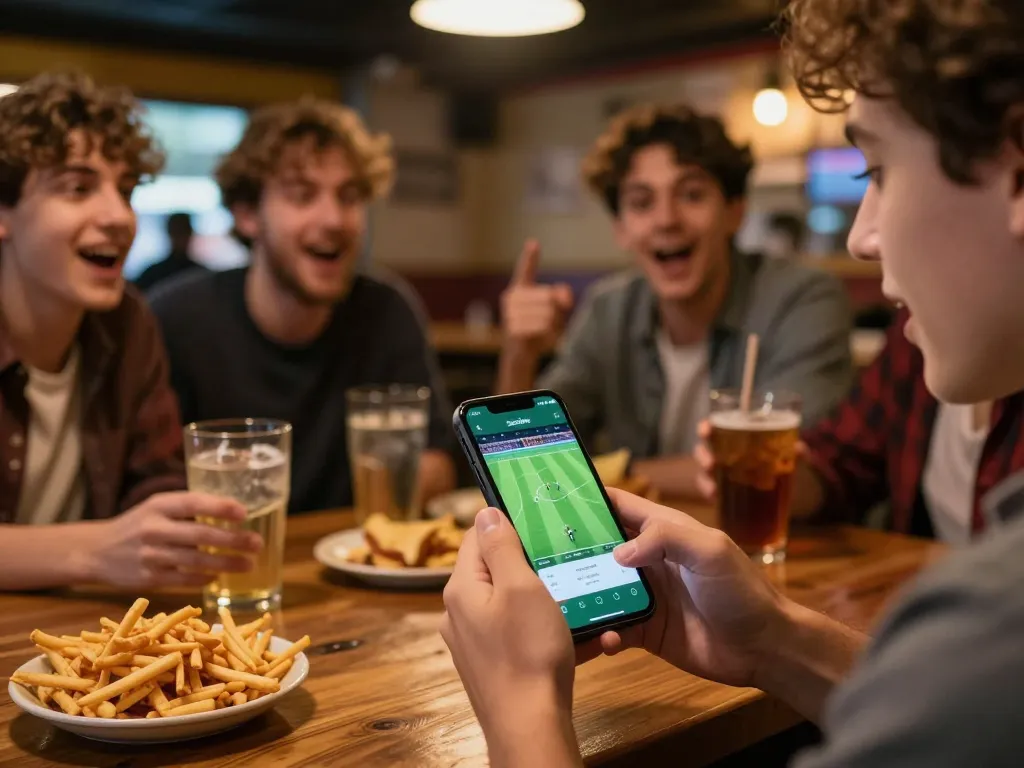 Socolive app displayed on smartphone during a live football match at a sports bar, capturing excitement and engagement.