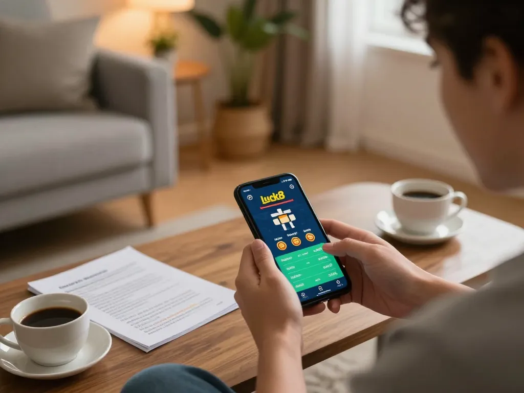 Engaging mobile gaming scene with luck8 app displayed on smartphone while enjoying cozy home atmosphere.