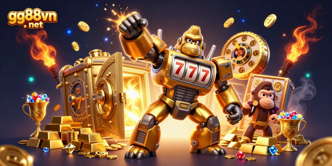 Play slots with vivid 3D imagery featuring gg88vn net's golden gorilla mech and jackpot elements.