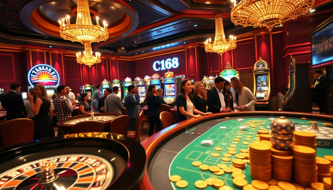 C168 gaming venue with vibrant roulette and poker tables igniting excitement among players.