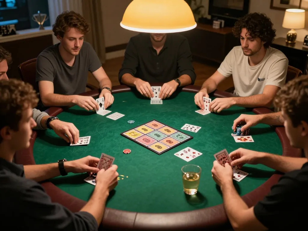 XX88 players engaging in an intimate home poker game, featuring cards and chips, showcasing strategic gameplay.