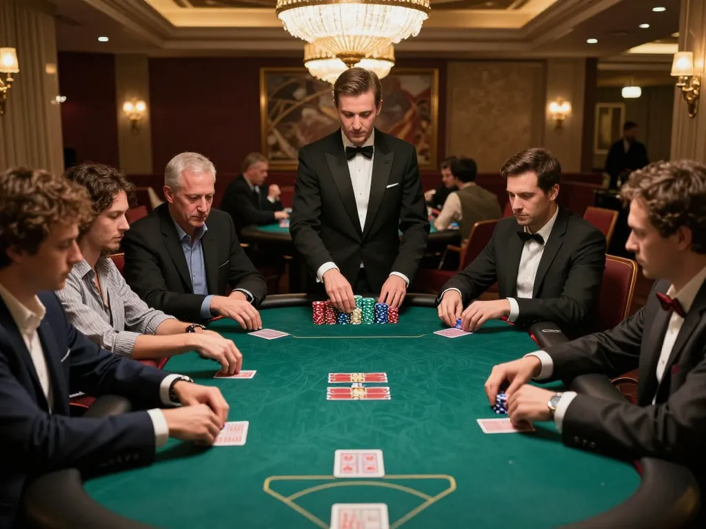 Players engage in a strategic poker game at LLWIN, showcasing intense focus and luxury surroundings