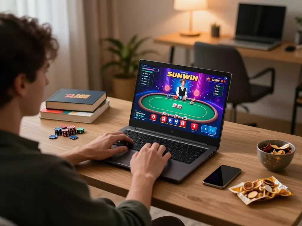 Enjoy engaging poker gameplay with Sunwin on a laptop in a cozy home setting.