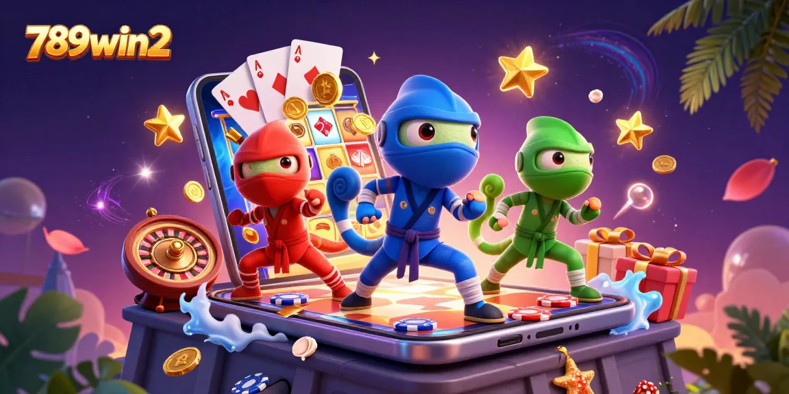 Engage with 789win2’s thrilling 3D illustration showcasing chameleon ninjas amidst vibrant casino gaming elements