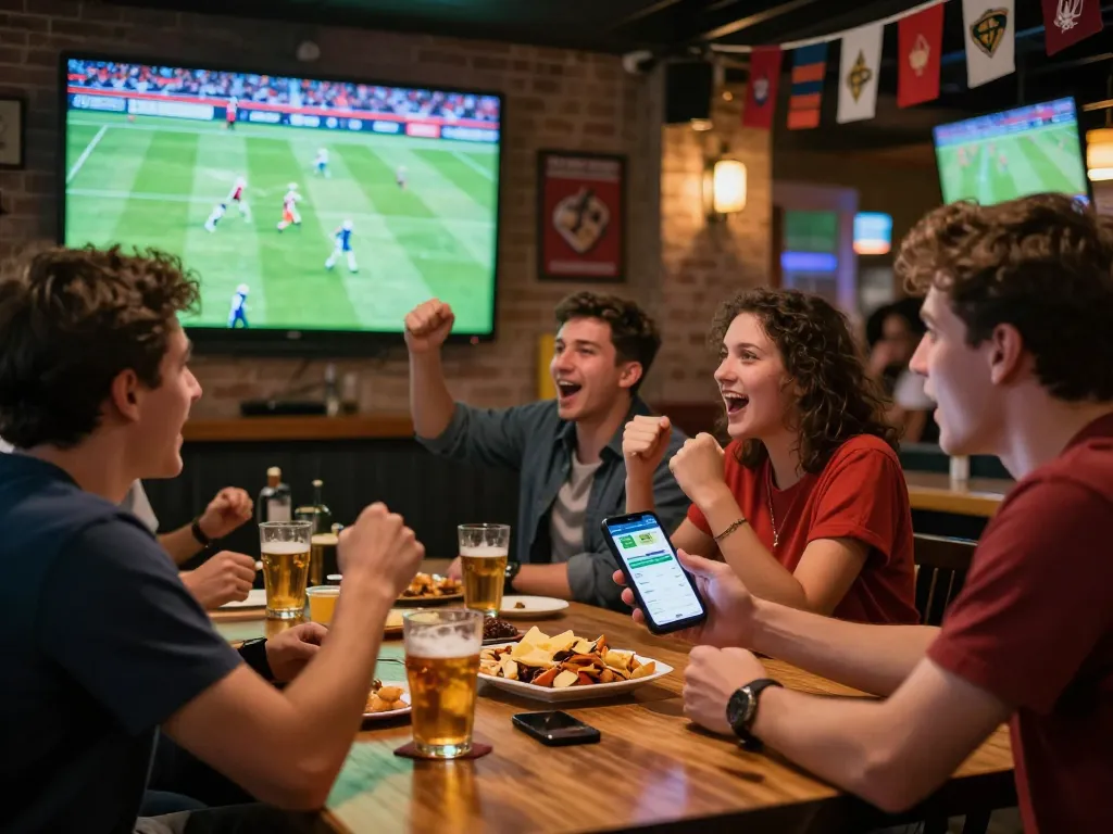 Engaged friends celebrating football scores with resultsfootball mobile bets